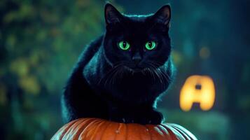Halloween themed black cat with bright green eyes and moon. photo