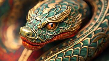 Beautifully crafted green snake with gold details and red tongue, marking the 2025 Chinese zodiac. photo