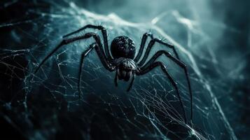 Mysterious spider weaving a web, creating a sinister scene photo