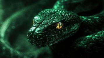 Mystical green wooden snake with glowing eyes, creating a sense of mystery. photo