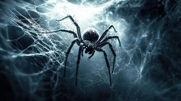 Mysterious spider weaving a web, creating a sinister scene photo