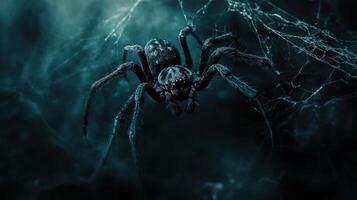 Mysterious spider weaving a web, creating a sinister scene photo