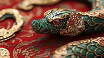 Beautifully crafted green snake with gold details and red tongue, marking the 2025 Chinese zodiac. photo