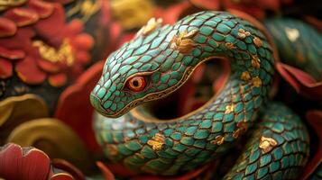 Green wooden snake with emerald eyes on a dark background. photo