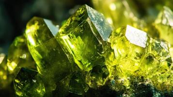 Extreme close-up of peridot surface, focusing on its rich green tones and the geometric facets of the crystal. photo