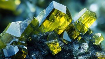 Macro shot of polished vesuvianite, showcasing its vibrant yellow-green hues and crystalline structure. photo