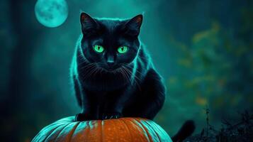 Halloween themed black cat with bright green eyes and moon. photo