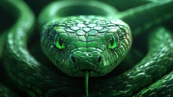 Intricately carved green snake with bright emerald eyes, symbolizing 2025. photo