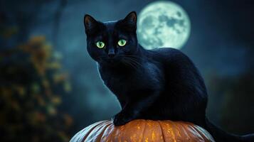 Halloween themed black cat with bright green eyes and moon. photo