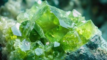 Garnierite gemstone in extreme detail, featuring intense yellow-green colors with crystalline structures. photo