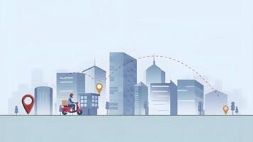 An illuminated cityscape with skyscrapers, a scooter rider carrying a package, and route markers highlighting delivery points video