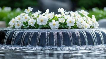 Serene water fountain adorned with white flowers in a lush garden setting during daylight photo