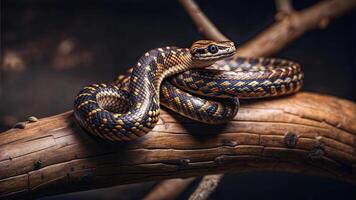 Banded python resting on a wooden branch in a dimly lit environment photo