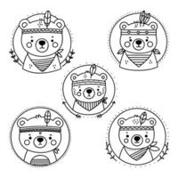 Cute bear characters with feather headbands, cute hand drawn doodles in circle frame with decorative elements. vector