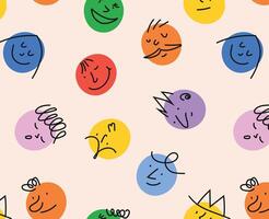 Round abstract comic faces with different emotions. Seamless background with colorful characters. Flat design. Ideal for printing, paper, fabric. vector