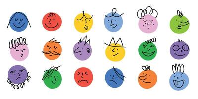 Round abstract comic faces with different emotions. Set of emoticons. Pencil drawing style. Various colorful characters. Flat design. vector