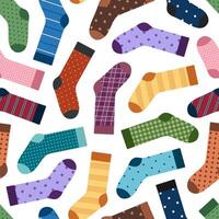 Seamless pattern with socks. Colored pairs of socks with different ornaments on white background. Foot apparel collection. Cotton and wool accessory. Flat illustration vector