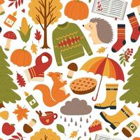 Seamless pattern with autumn elements. Colorful background with leaves, mushrooms, trees, pumpkin, sweater, rubber boots, animals and other stickers. Fall season print vector