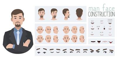 Business office worker man constructor suitable for animation. Generator of diverse eyes, lips, emotion expressions mouth animation and lip sync. Young man character face and upper body construction. vector