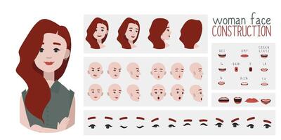 Business woman avatar creation suitable for animation. Generator, constructor of diverse views of eyes, lips, emotion expressions mouth animation and lip sync. Girl character face construction. vector