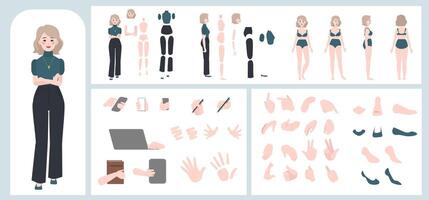 Business woman avatar creation suitable for animation. Generator, constructor of diverse views of face, body, hands and leg parts. Female character construction for comfortable fast motion design. vector