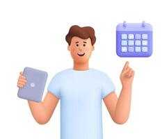 Man holding tablet, showing plan schedule, planning day scheduling appointment in calendar application. Business planning ,events, reminder and timetable. 3d people character. vector