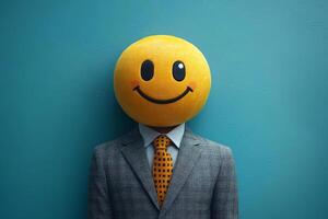 Businessman in a suit with a joy emoji head, blue background, friendly concepts photo