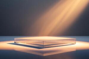 Empty square glass podium with spotlight, Luxury crystal glass product display or presentation, 3D transparent stage stand photo