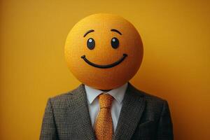 Businessman in a modern suit with a happy emoji head, isolated on yellow background photo