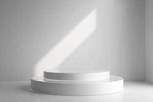 Empty round step podium with light and shadow from windows on white background, minimalistic product display photo