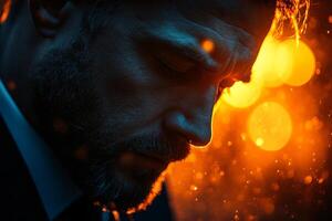 Close-up portrait of businessman with sad and crying emotion, failure, mistake, movie scene concepts photo
