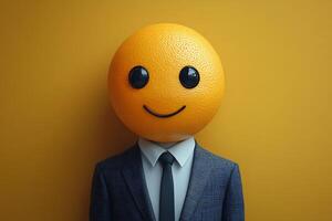 Young businessman in a modern suit with a happy and smile emoji head, isolated on yellow background photo