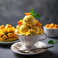 Refreshing Mango Ice Cream in a Teacup with Mint and Floral Accents photo
