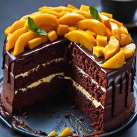 Decadent Chocolate Cake with Mango Slices and Mint Garnish photo