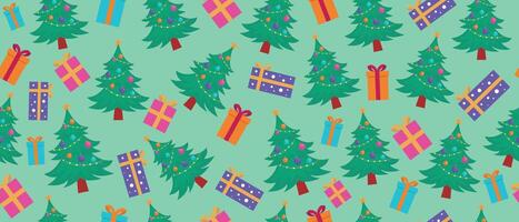 Seamless New Year and Christmas pattern with tree and gifts. vector