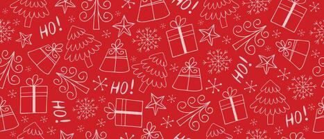Christmas and New Year doodle elements, seamless pattern, on red background. vector