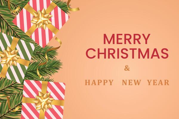 New Year or Christmas card with a gift and fir branches.