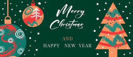 Merry Christmas and Happy New Year greeting web banner. Modern Christmas art design with Christmas tree, balls and snow. vector