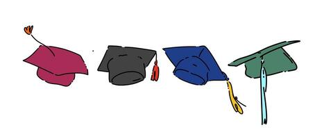 Set line drawing of graduation cap. Isolated on white background. Colored graphic illustration. vector