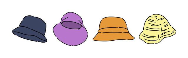 Set line drawing of bucket hat. Isolated on white background. Colored graphic illustration. vector