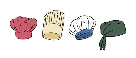 Set line drawing of chef hat. Isolated on white background. Colored graphic illustration. vector