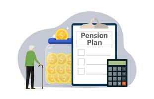 Pension plan concept with senior character. Elderly man save up money and to do list plans for comfortable old age vector