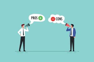 Pros and cons on speech bubbles. Decision making and problem analysis. Risk planning. Advantages and disadvantages. Evaluating possible profit and losses vector