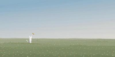 Minimalist flower field landscape with a cat playing with butterfly graphic illustrated have blank space. vector