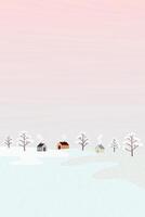 Minimalist winter landscape with snowy tree and small town childish style have vanilla sky vertical background graphic illustration. Merry Xmas and Happy New Year greeting card have blank space. vector