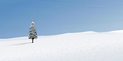 Minimalist snowscape with lonely pine tree have blue sky background graphic illustration. Merry Christmas and Happy New Year greeting card template have blank space. vector