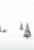 Minimalist winter landscape with snowy pine tree and log cabin graphic illustration. Merry Christmas and Happy New Year greeting card vertical template have blank space. vector