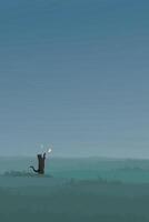 Minimalist grass field landscape with a cat playing with butterfly graphic illustration have blank space. vector