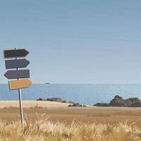 Seashore landscape with grass field in autumn season graphic illustration have blank direction sign pole foreground. vector
