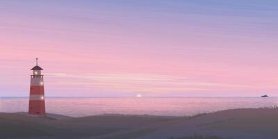 Minimalist seashore landscape with lighthouse at sunset flat design graphic illustration. Coastline with beacon have twilight sky background. vector